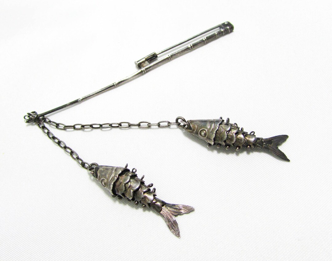 Vintage Silver Pin Articulated Fish on Bamboo Fishing Pole Antique