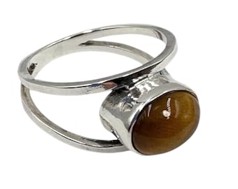 Vintage Tigerauge Silber Ring Größe 8 Minimalist Modernist Statement Ring