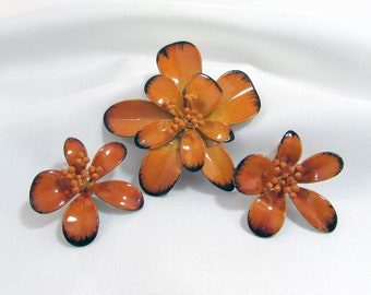 Vintage Flower Brooch & Clip Earrings - Burnt Orange and black 2-1/4" pin