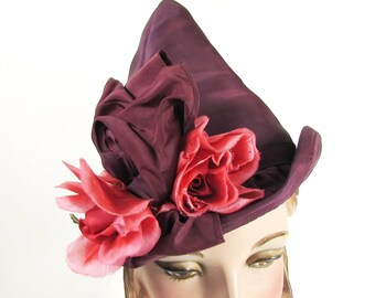 Vintage 1940s Satin Pixie Hat - Maroon satin with flowers