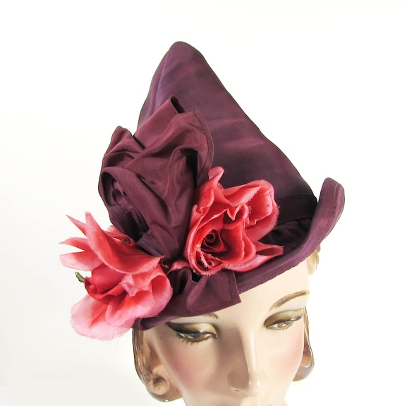 Vintage 1940s Satin Pixie Hat - Maroon satin with 