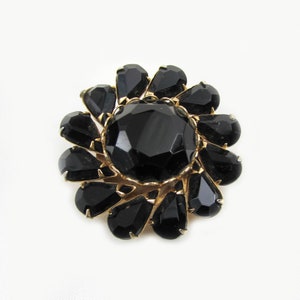 Vintage flower brooch Facete black glass pin retro flower brooch image 1