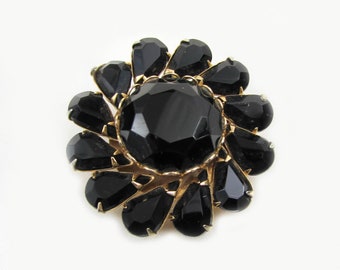 Vintage flower brooch - Facete black glass pin - retro flower brooch