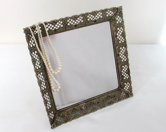 Vintage Filigree Edge Vanity Tray and Stand Up Mirror 10x10 - Stand, Hang or Flat