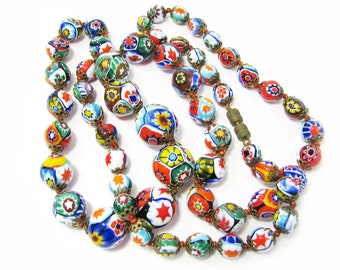 Vintage Millefiori Glass Bead Necklace - 30" Colorful Beaded Necklace - Italian Glass Necklace