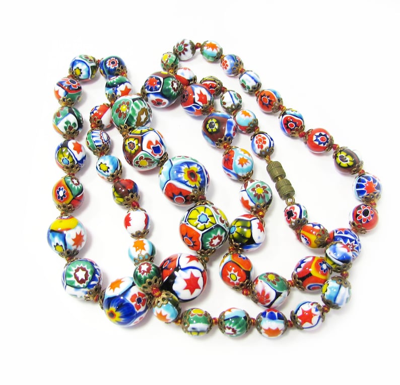 Vintage Millefiori Glass Bead Necklace 30 Colorful Beaded Necklace Italian Glass Necklace 画像 1