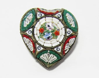 Micromosaic Heart Brooch  - Italian Turn of Century Pin -  UK estate find