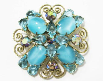 Moonstone Brooch - Brooch blue rhinestone - Vintage Blue Brooch - 2.5" brooch - Filigree blue brooch