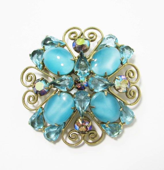 Moonstone Brooch - Brooch blue rhinestone - Vintag