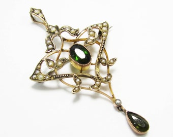 Antique lavalier pin pendant - 9 ct gold - art nouveau pin - peridot seed pearl brooch/pendant  - lavalier necklace pendant