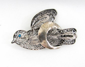 Silver Filigree Dove brooch -Antique St erling dove pin  - turquoise eye dove - 2"