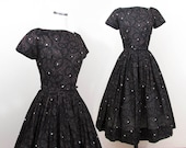 L'Aiglon full skirt Day Dress in brown print cotton - 1950s - S