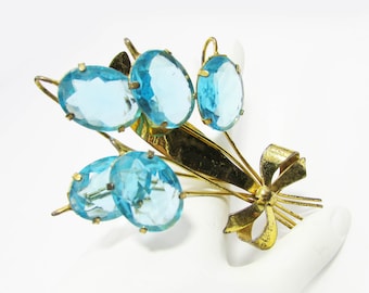 Vintage Vermeil Silver Btooch - Flower Bouquet Brooch - large flower brooch - aquamarine glass brooch