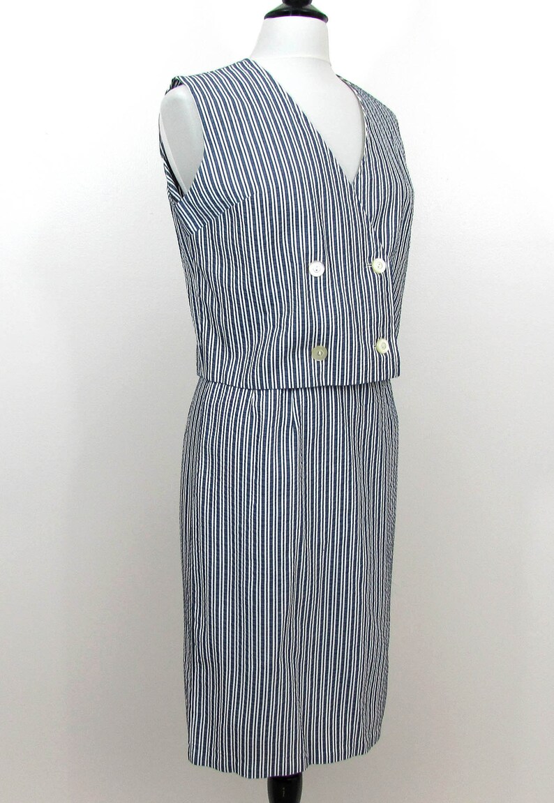S-M Vintage 60s Vest and slim skirt Set Blue /& White Seersucker Made in Portugal