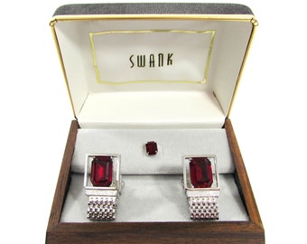 Swank Red Crystal Cuff Links - silvertone mesh - Vintage NOS Swank - Cuff Links and Tie Tack Set in original box