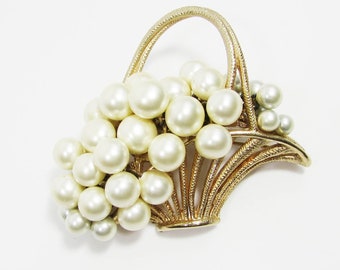 Vintage Faux Pearl Pin - Pearls in Basket Brooch - Basket of Pearls Pin