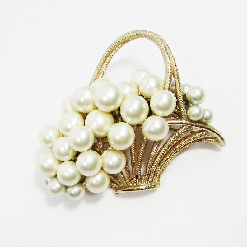 Vintage Faux Pearl Pin Pearls in Basket Brooch Basket of Pearls Pin image 1