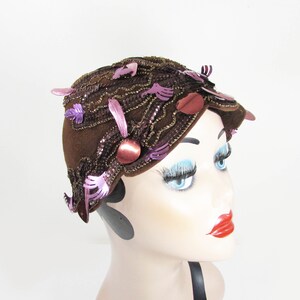 1960s cloche hat John Frederics Charmer Brown felt, beads, sequins, charm fun mod hat image 4