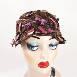 1960s cloche hat John Frederics Charmer Brown felt, beads, sequins, charm fun mod hat image 2