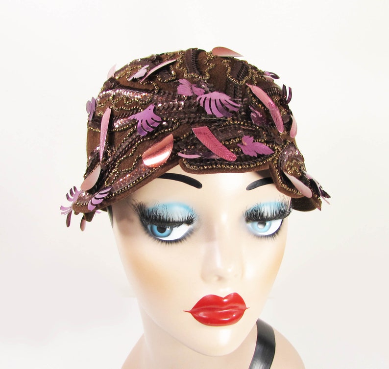 1960s cloche hat John Frederics Charmer Brown felt, beads, sequins, charm fun mod hat image 2