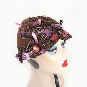 1960s cloche hat John Frederics Charmer Brown felt, beads, sequins, charm fun mod hat image 1