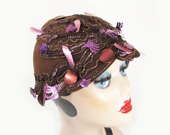 1960s cloche hat - John Frederics Charmer - Brown felt, beads, sequins, charm - fun mod hat