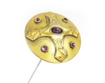 Antique Arts & Crafts Hat Pin Domed Brass Amethyst Glass Cabochons 9” c1900