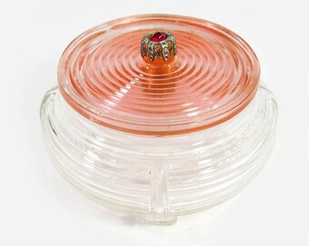 Vintage Pressed Glass Powder Jar Pink Glass Cover - Faux Ruby Metal knob