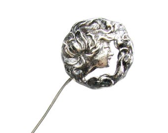 Art Nouveau Sterling Silver Face Stick Pin - 3.5"
