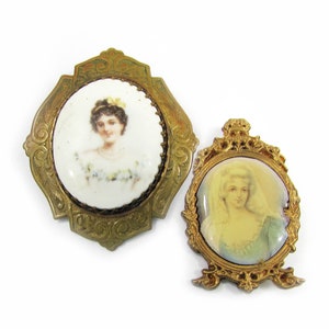 Portrait Brooch Set - Porcelain and Metal frames - one has picture stand