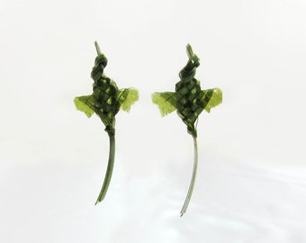 Vintage green Cellophane woven bird screwback Earrings