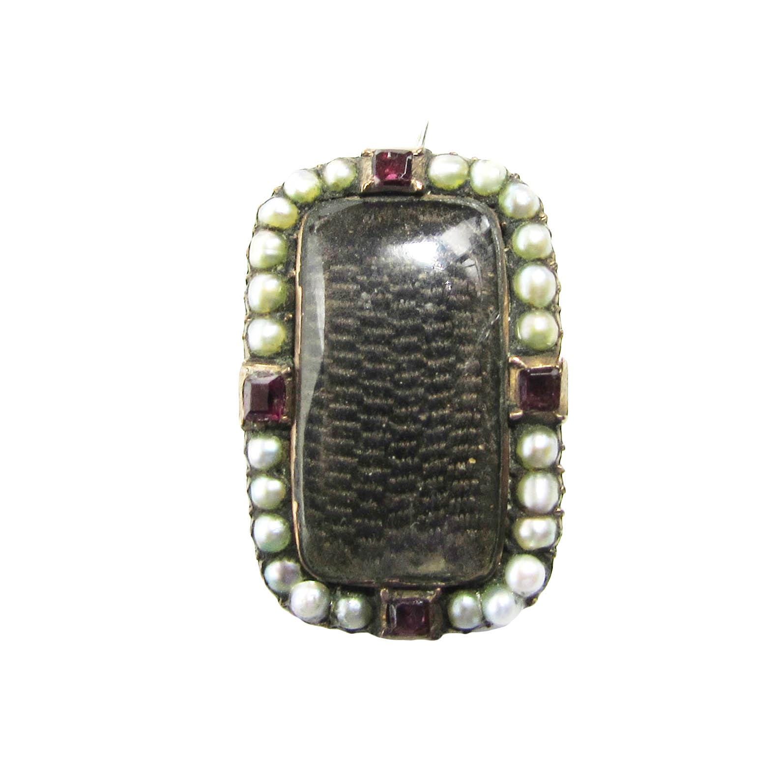 Antique mourning hair brooch - seed pearls and garnets