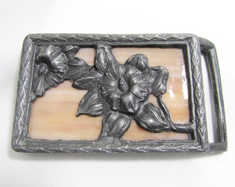 Pewter & Slag Glass Belt Buckle - Vintage Artisan belt buckle - 3.25 x 2