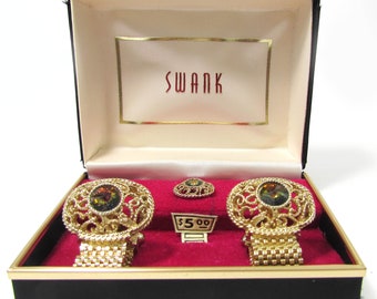 Swank Crystal Cuff Links - Vintage NOS Swank - Swank Mesh Cuff Links Tie Tack Set in original box