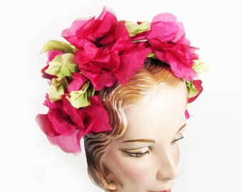 1950s Pink Floral Bandeaux Hat -  Vintage Flower Hat - Nellie Gaffney San Francisco