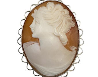 Antique Sterling Silver Shell Cameo Brooch Pendant Hand Carved Italian Lady Profile