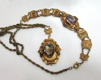 Victorian Necklace with Attached Bracelet - Ornate with bezel set Paste Stones