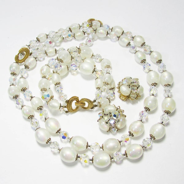 Vintage Marvella Parure - Marvella Crystal Necklace Bracelet and Clip Earrings - Marvella jewelry 1950s-60s