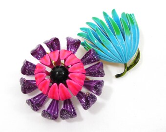 Enamel Flower Brooches - Vintage colorful flower pins - 60s-70s flower pins - two flower brooches