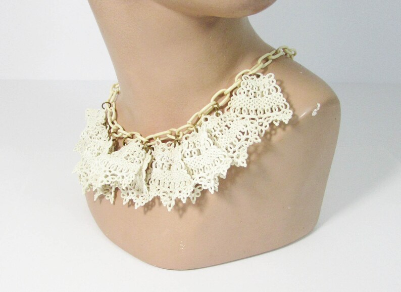 Vintage Celluloid Necklace celluloid lace necklace Celluloid Lumarith Lace Necklace Off-white celluloid choker 15 long image 4