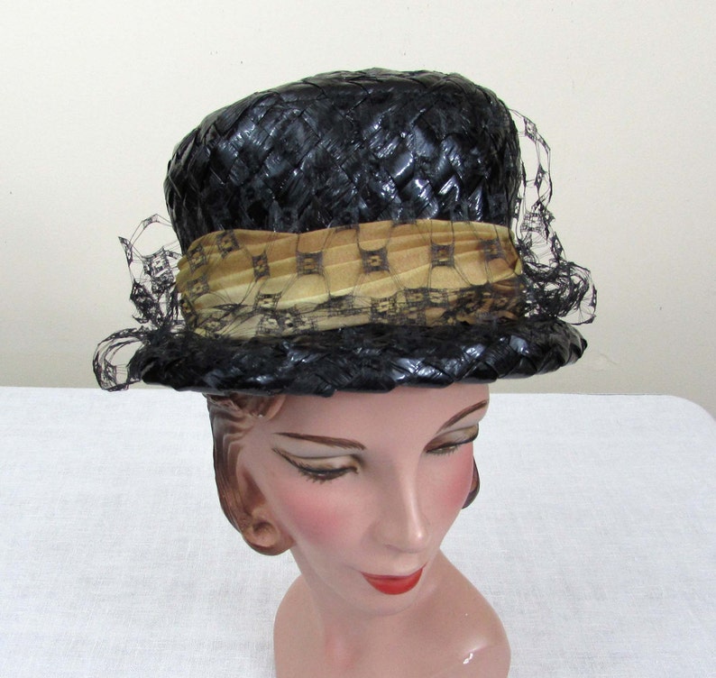 Straw Bucket Hat black w/tan ombre band and bow faux straw Etsy