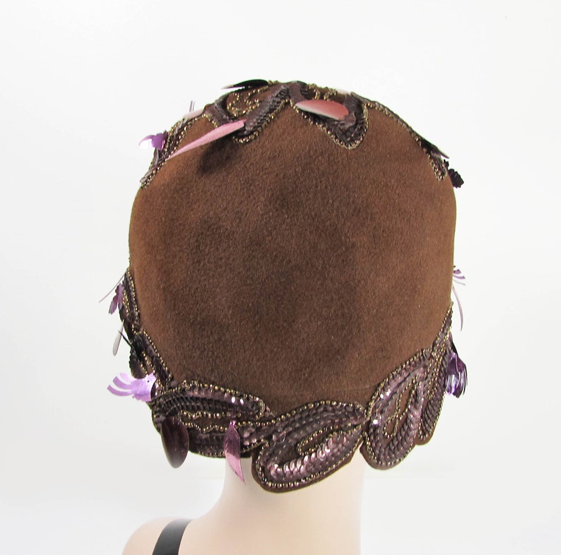 1960s cloche hat John Frederics Charmer Brown felt, beads, sequins, charm fun mod hat image 5