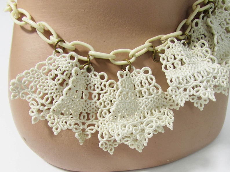 Vintage Celluloid Necklace celluloid lace necklace Celluloid Lumarith Lace Necklace Off-white celluloid choker 15 long image 6