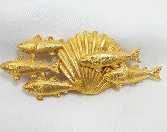 Maeve Carr Fish brooch - Vintage fish pin - Signed Matte Seashell & Fish Brooch - 2.75"