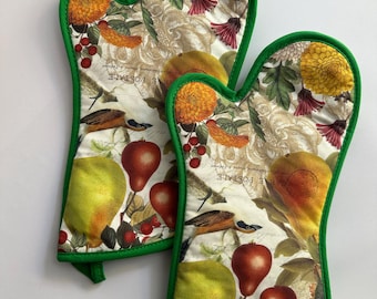 Vintage Floral Cotton Oven Mitts, Heat Resistant Kitchen Gloves, Handmade Turkish Farmhouse Decor