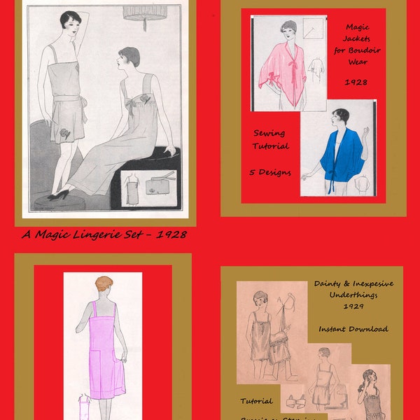 4 Vintage 1920's Lingerie Tutorials - Camisole, Tap Pants, Slip, Night Gown & Jacket, Brassiere - Repro Sewing Patterns - pd