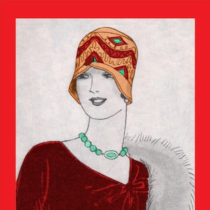 May include: Illustration of a woman in a cloche hat with geometric patterns in orange, red, and teal. She wears a burgundy dress and a turquoise necklace. The text reads "Making a Smart Hat for Spring 1929 Sewing Tutorial."