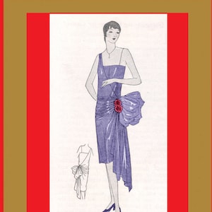 Puede incluir: Una ilustración vintage de una mujer con un vestido morado con un gran lazo en la cadera. El vestido está drapeado y tiene un escote alto. La ilustración se titula "Draping a Holiday Dress ~ 1928".