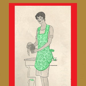 May include: A vintage illustration of a woman wearing a green floral print apron with a tie at the back. The text "A Magic Slip-Over Apron Dressmaking Tutorial - 1929" is printed below the image.