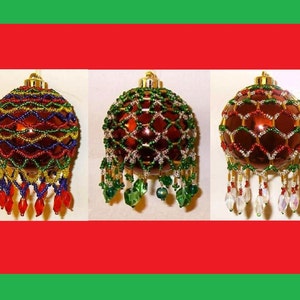May include: Three beaded Christmas ornaments with intricate designs. Each ornament is a deep red color, with different colored beadwork and dangling beaded accents. The ornaments are set against a white background within a red and green border.